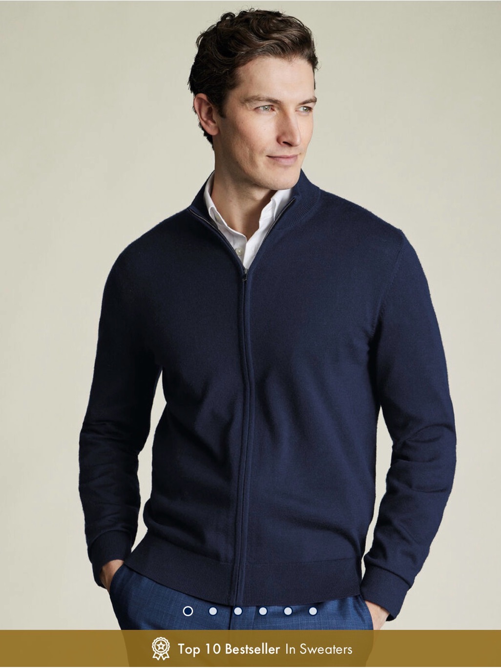 Charles Tyrwhitt Pure Merino Full Zip-Through Cardigan- Navy